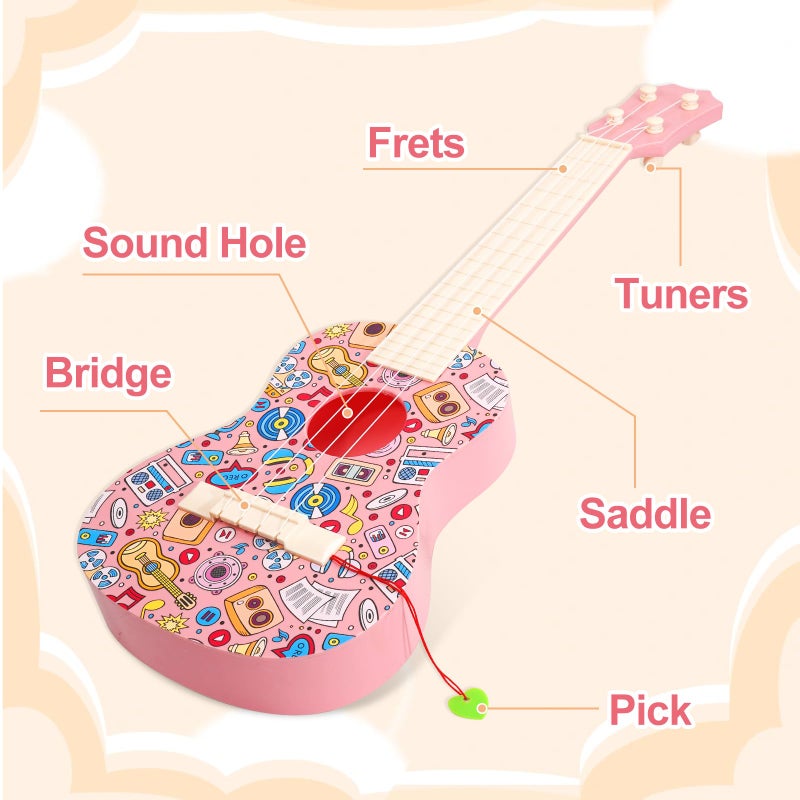 LeeQee 21in Colorful Graffiti Ukulele Guitar for Kids, 4 Strings Kids Guitar Ukulele Musical Instruments Learning Educational Toys with Picks for 3 4 5 6 7 8 9 10 11 12 Toddler Boys Girls (Pink) - Image 3