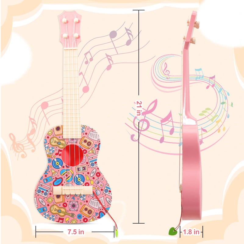 LeeQee 21in Colorful Graffiti Ukulele Guitar for Kids, 4 Strings Kids Guitar Ukulele Musical Instruments Learning Educational Toys with Picks for 3 4 5 6 7 8 9 10 11 12 Toddler Boys Girls (Pink) - Image 2