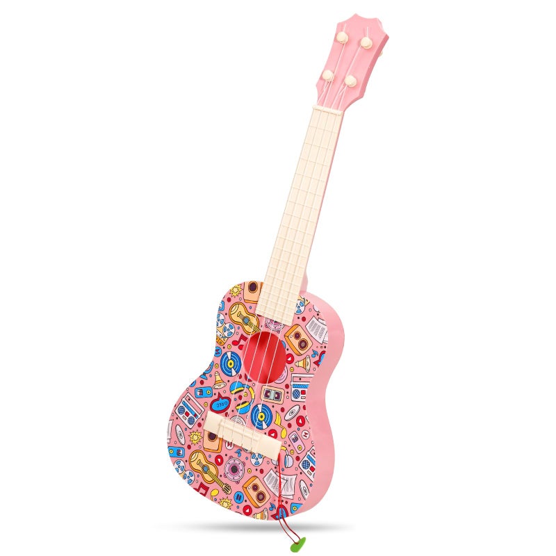 LeeQee 21in Colorful Graffiti Ukulele Guitar for Kids, 4 Strings Kids Guitar Ukulele Musical Instruments Learning Educational Toys with Picks for 3 4 5 6 7 8 9 10 11 12 Toddler Boys Girls (Pink) - Image 1