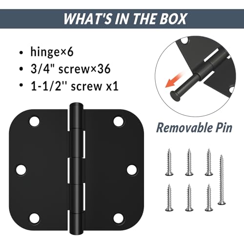 HOSOM Matte Black Door Hinges 3.5 Inch with 5/8" Radius Corners Rounded Interior Door Hinges 3 1/2" Heavy Duty 3.5" Door Hardware for Door, 6 Pack - Image 3