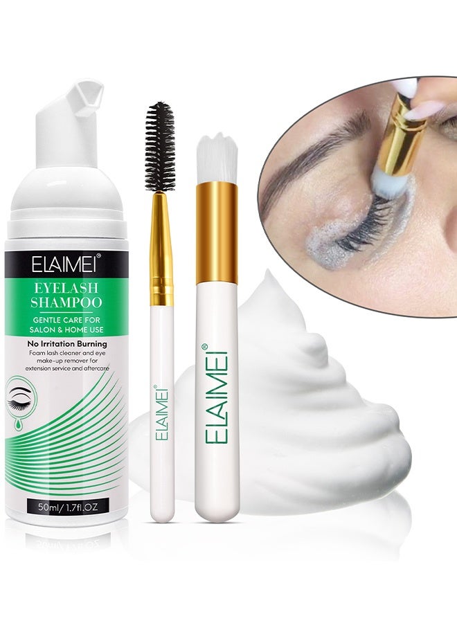Elaimei Eyelash Extension Shampoo 50 ml + Brush - Eyelid Foam Cleaner, Lash Foam Shampoo, Eyelid Cleanser For Makeup Remover, Eyelash Wash And Eyelash Bath For Extensions, Salon Use And Home Care - Image 1