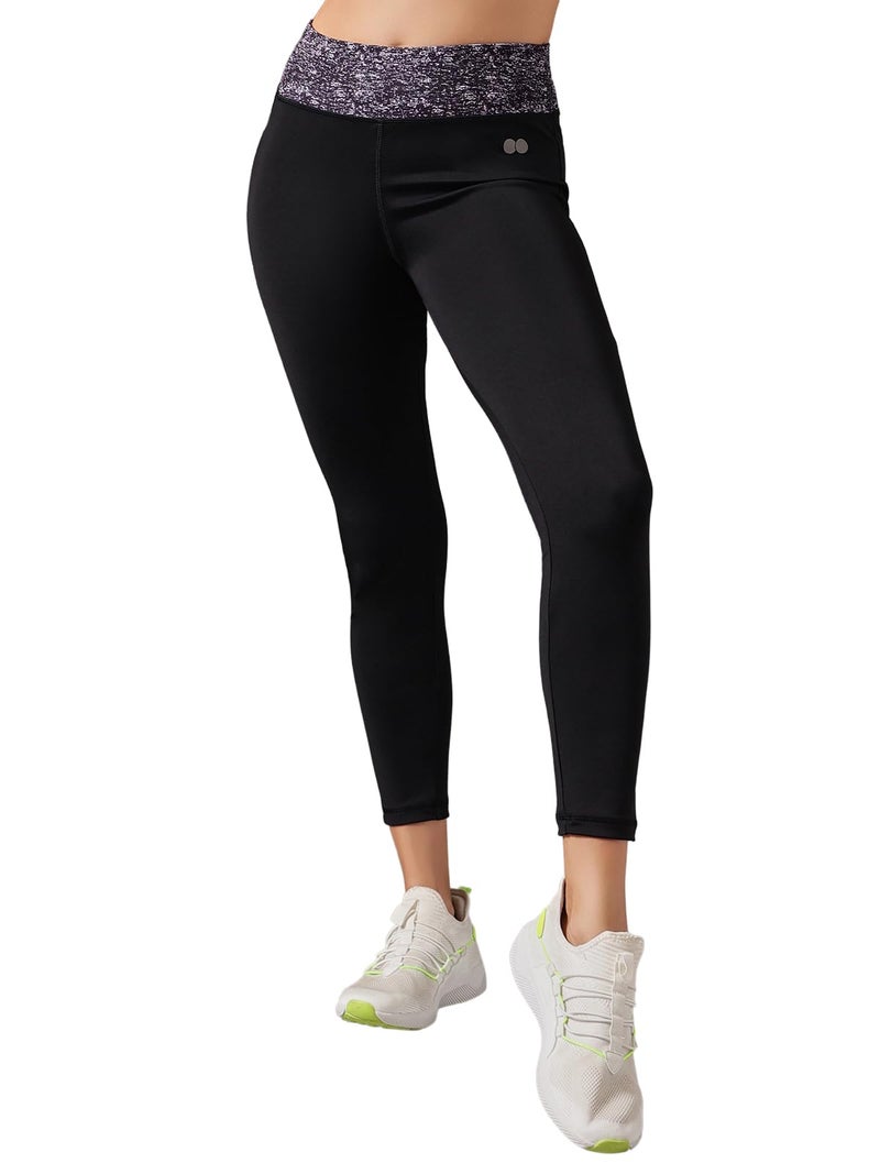 Clovia Women's Snug-Fit High Rise Active Tights with Printed Waistband (AB0020E13_Black_L) - Image 1