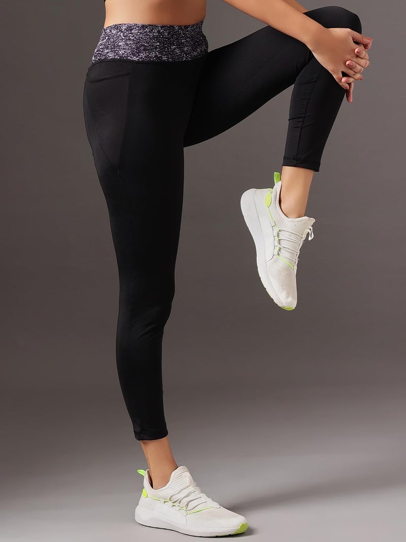 Clovia Women's Snug-Fit High Rise Active Tights with Printed Waistband (AB0020E13_Black_L) - Image 2