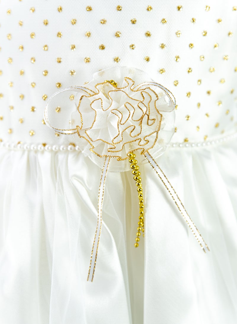 Allium Girl's Dress With Gold Metallic Dots, Pearl Beads And Organza Flower Center, Bow Style At The Back, Hairband, Tiulle Bottom, Pongee/cotton Lining, Ready For Gifting - Image 3