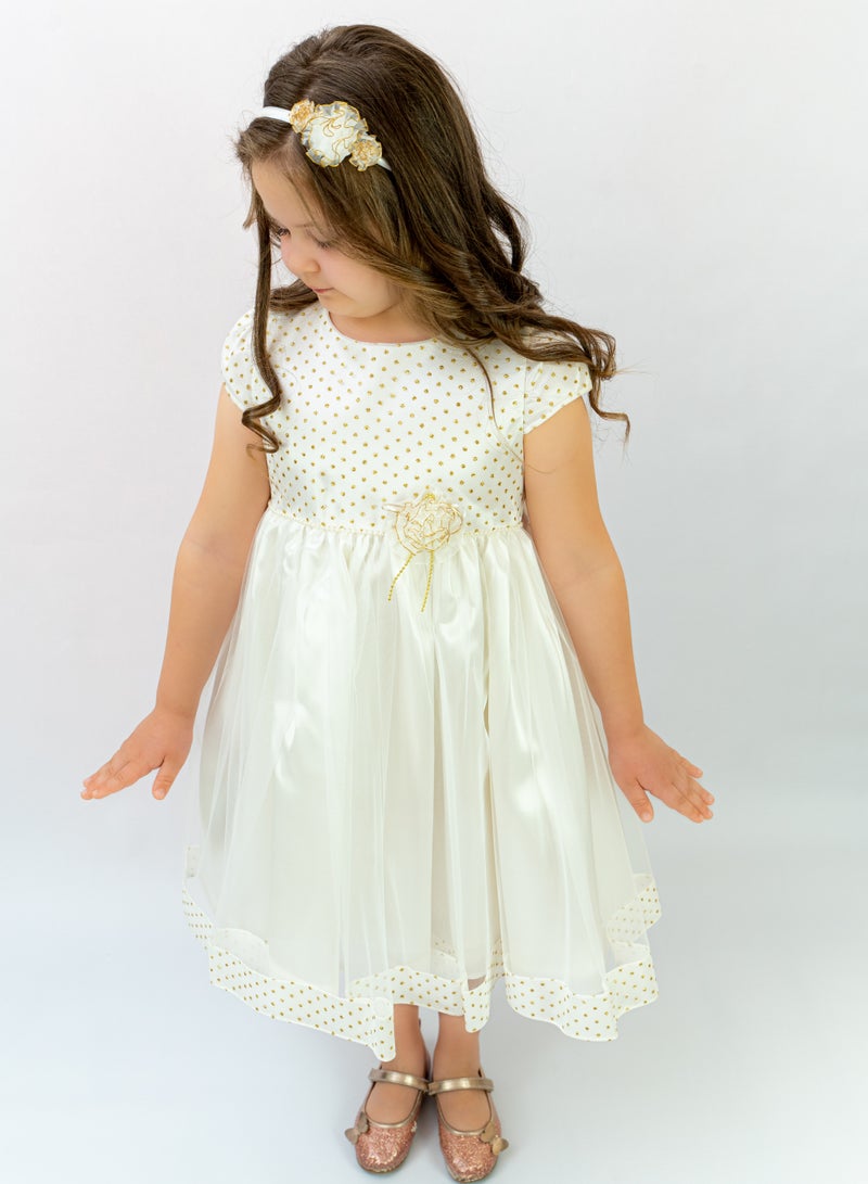 Allium Girl's Dress With Gold Metallic Dots, Pearl Beads And Organza Flower Center, Bow Style At The Back, Hairband, Tiulle Bottom, Pongee/cotton Lining, Ready For Gifting - Image 1