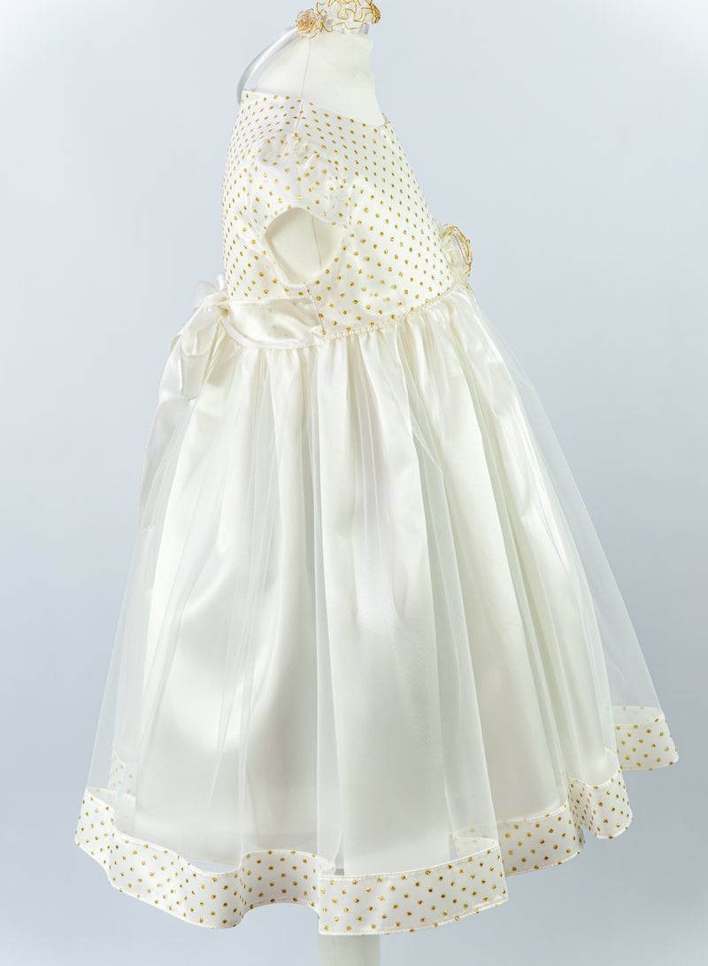 Allium Girl's Dress With Gold Metallic Dots, Pearl Beads And Organza Flower Center, Bow Style At The Back, Hairband, Tiulle Bottom, Pongee/cotton Lining, Ready For Gifting - Image 4