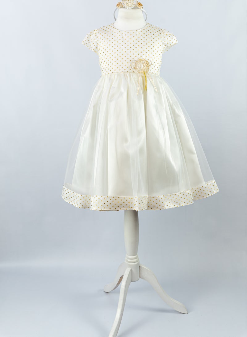Allium Girl's Dress With Gold Metallic Dots, Pearl Beads And Organza Flower Center, Bow Style At The Back, Hairband, Tiulle Bottom, Pongee/cotton Lining, Ready For Gifting - Image 2