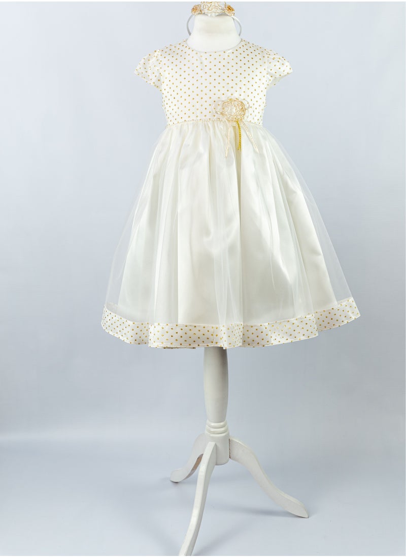 Girl's Dress With Gold Metallic Dots, Pearl Beads And Organza Flower Center, Bow Style At The Back, Hairband, Tiulle Bottom, Pongee/cotton Lining, Ready For Gifting - pzsku/Z65E52E8F0D9C66CF4FF0Z/45/_/1690194833/a6c66b9e-dc60-4604-953e-f3414ad36061