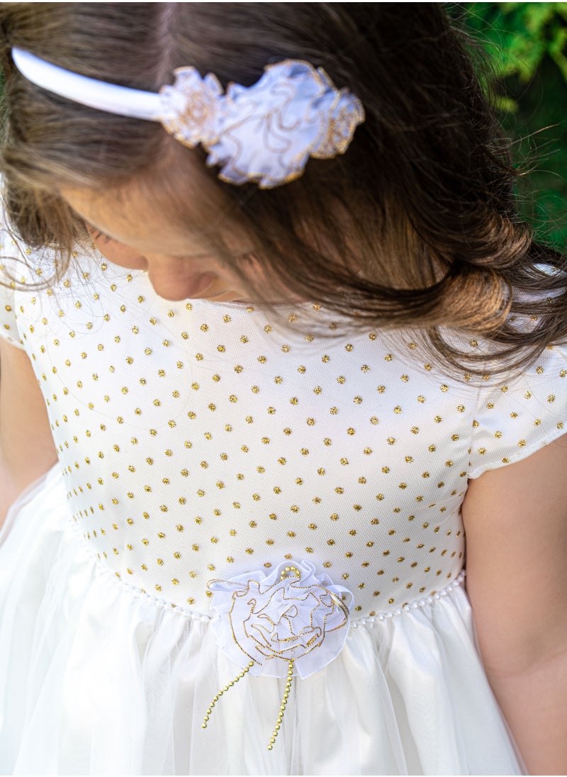 Girl's Dress With Gold Metallic Dots, Pearl Beads And Organza Flower Center, Bow Style At The Back, Hairband, Tiulle Bottom, Pongee/cotton Lining, Ready For Gifting - pzsku/Z65E52E8F0D9C66CF4FF0Z/45/_/1690194860/05aab15d-9d64-48a2-b96d-bc0b2ac6c3d1