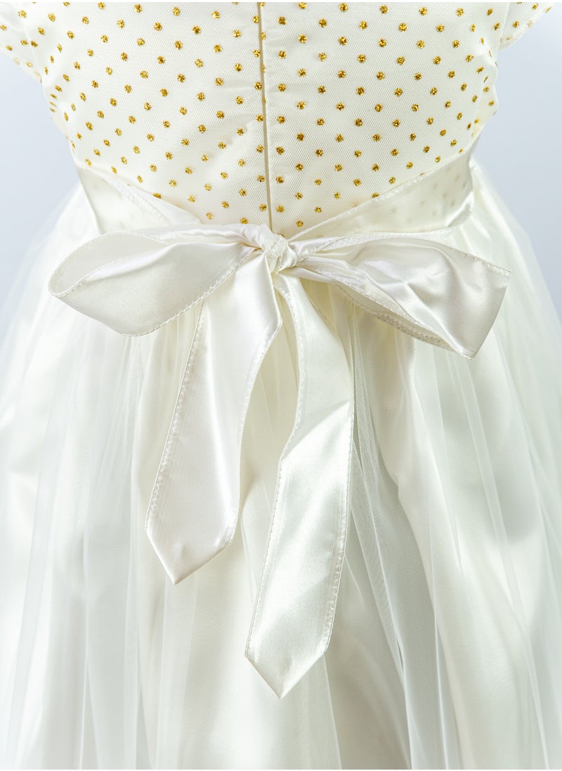 Girl's Dress With Gold Metallic Dots, Pearl Beads And Organza Flower Center, Bow Style At The Back, Hairband, Tiulle Bottom, Pongee/cotton Lining, Ready For Gifting - pzsku/Z65E52E8F0D9C66CF4FF0Z/45/_/1690195081/4e4c33fe-b261-4566-b874-42f44844810e