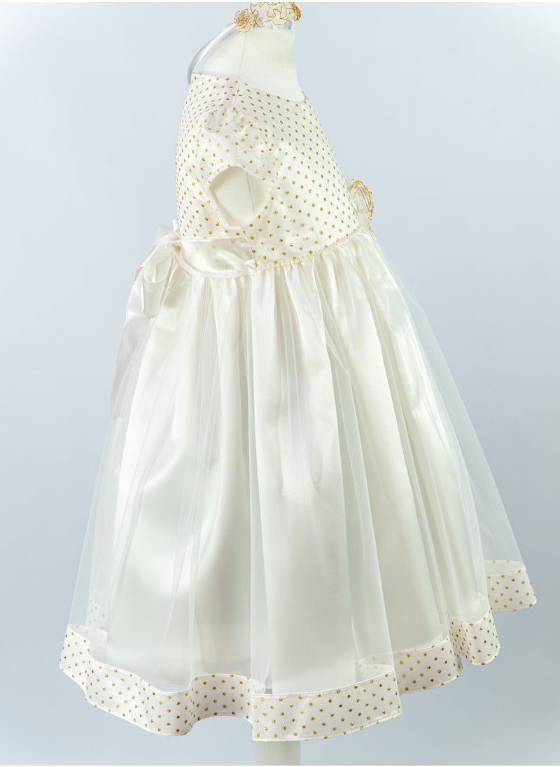 Girl's Dress With Gold Metallic Dots, Pearl Beads And Organza Flower Center, Bow Style At The Back, Hairband, Tiulle Bottom, Pongee/cotton Lining, Ready For Gifting - pzsku/Z65E52E8F0D9C66CF4FF0Z/45/_/1690195139/68ac1966-a472-41a0-8130-bb4b77d3f6f6