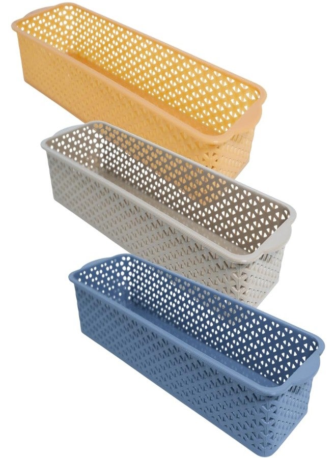 MORVI Deskmate Multi-Purpose Plastic Storage Basket|Durable Stackable Organizer Tokri For Home,Kitchen,Bathroom & Office| Drawer Tray,Cutlery,Cosmetics,Stationery|Set Of 3|Camel Coffee Grey - Image 1
