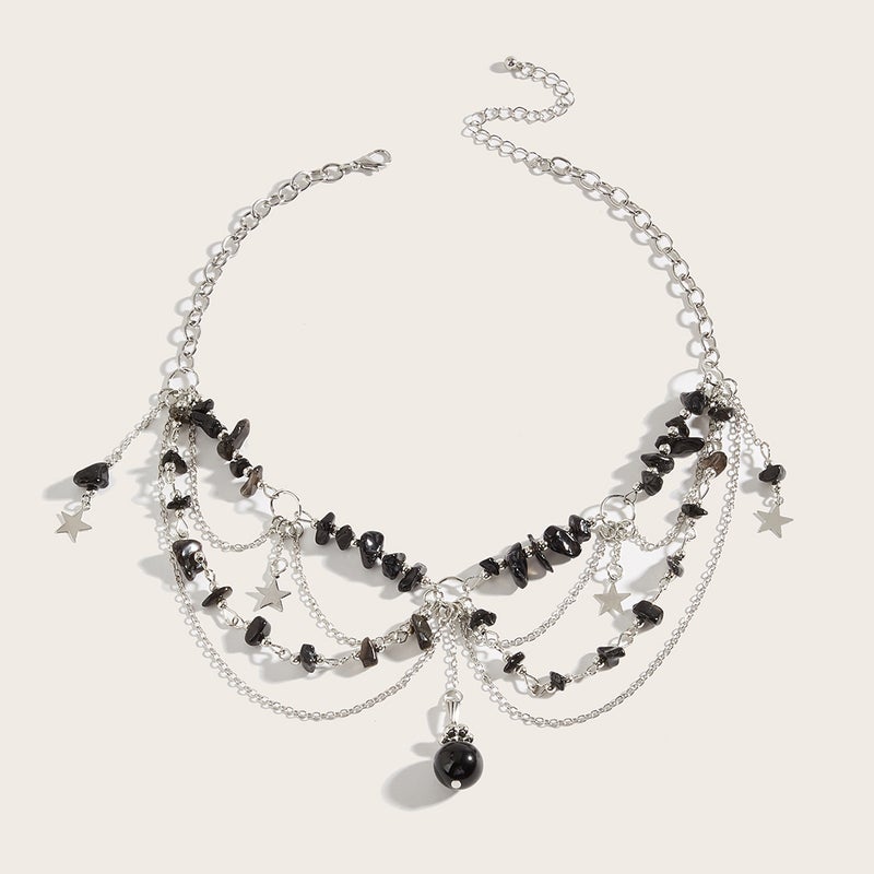 European and American Cross-border Niche Design Sweet Cool Natural Stone Beaded Five-pointed Star Tassel Agate Pendant Necklace Chain A2-8 (obsidian)