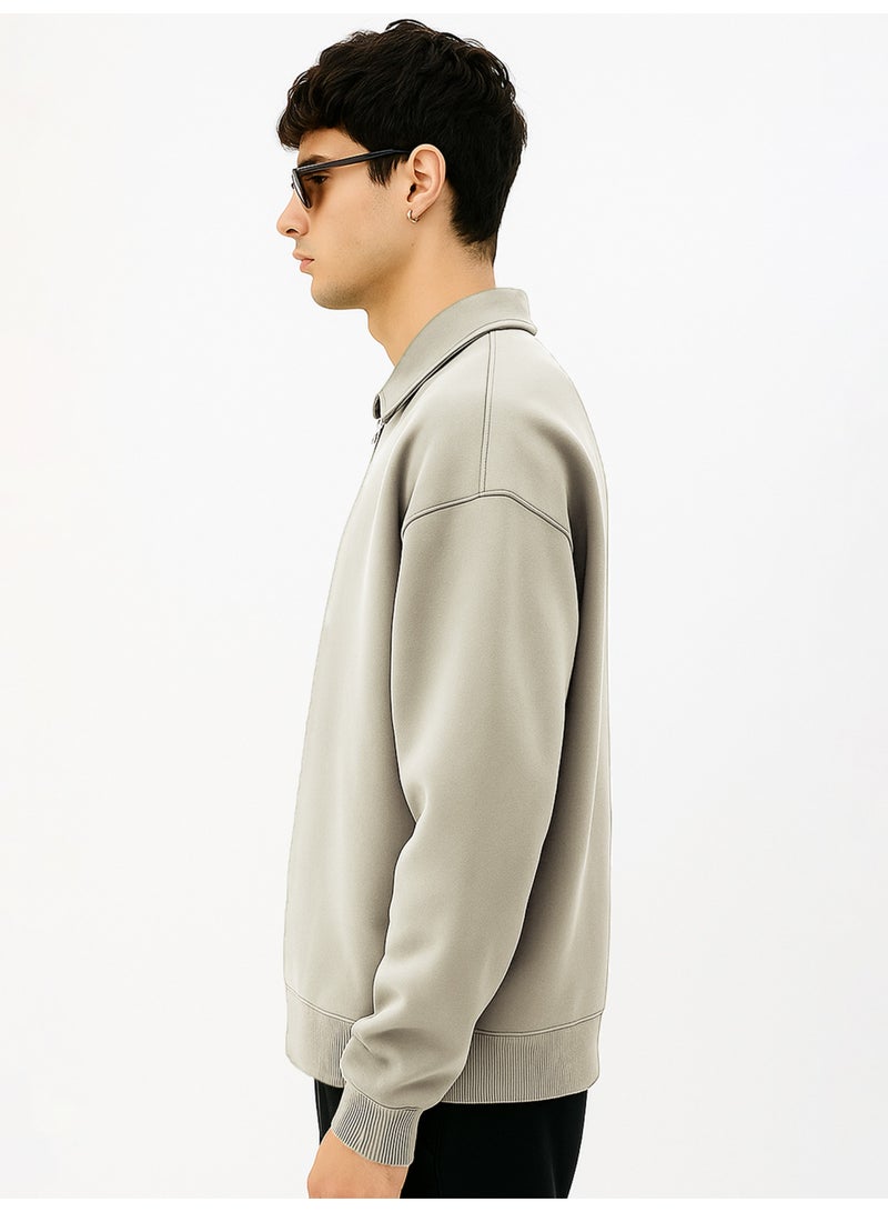 Maniac Mens Plain Polo Neck Full Sleeve Biscuit Cotton Fleece Sweatshirt - Image 2