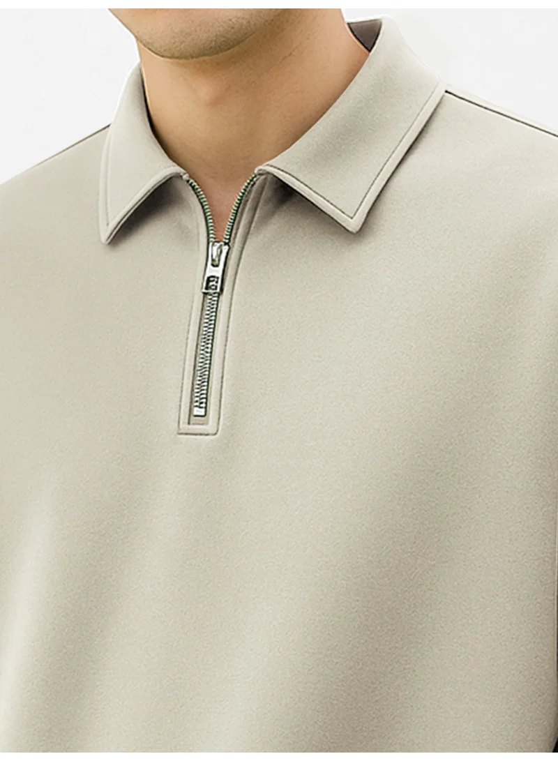 Maniac Maniac Mens Plain Polo Neck Full Sleeve Biscuit Cotton Fleece Sweatshirt