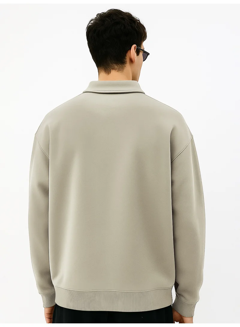 Maniac Maniac Mens Plain Polo Neck Full Sleeve Biscuit Cotton Fleece Sweatshirt