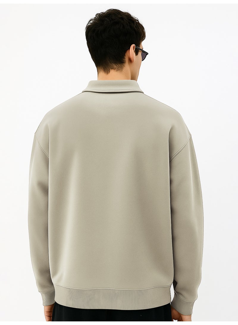 Maniac Mens Plain Polo Neck Full Sleeve Biscuit Cotton Fleece Sweatshirt - Image 3