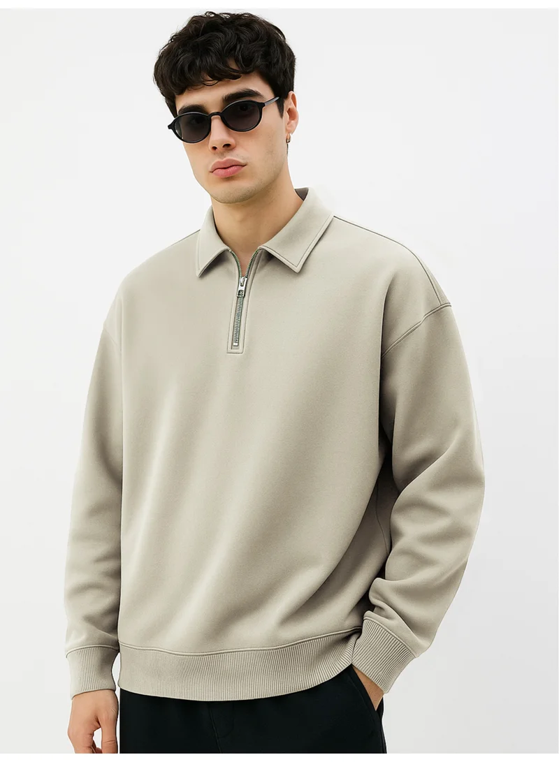 Maniac Maniac Mens Plain Polo Neck Full Sleeve Biscuit Cotton Fleece Sweatshirt
