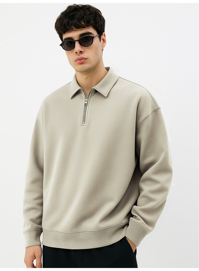 Maniac Mens Plain Polo Neck Full Sleeve Biscuit Cotton Fleece Sweatshirt - Image 1