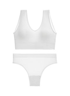 Loquat Women's Solid Color Fitness Set 2-piece Seamless Wireless Bra+Low Waisted Thong Shorts Yoga Suit White 