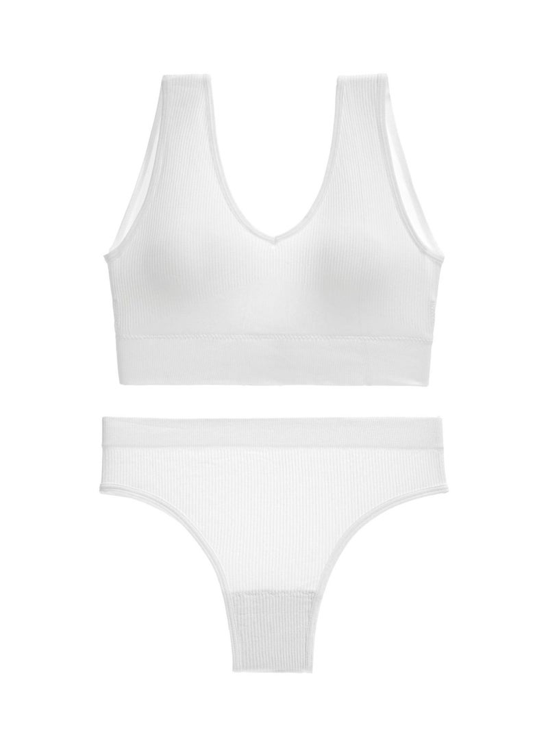 Loquat Women's Solid Color Fitness Set 2-piece Seamless Wireless Bra+Low Waisted Thong Shorts Yoga Suit White 
