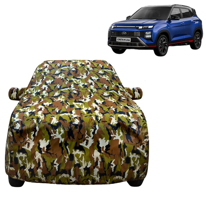 VYAS 100% Waterproof Car Body Cover for Hyundai Creta N Line (2025) with Mirror Pocket Triple Stitched Belt & Buckle Fitting Dual Elastic, Durable Material Jungle Print Camouflage Design - Image 1