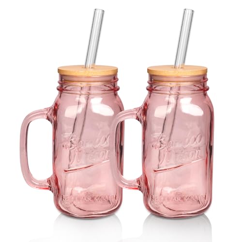 ANOITON Tumbler with Handle and Straw 24 oz Pink Mason Jars with Handles Drinking Glasses Pink Glassware Colored Glass Cups with Lids and Straws Gifts for Women Birthday Gifts for Women