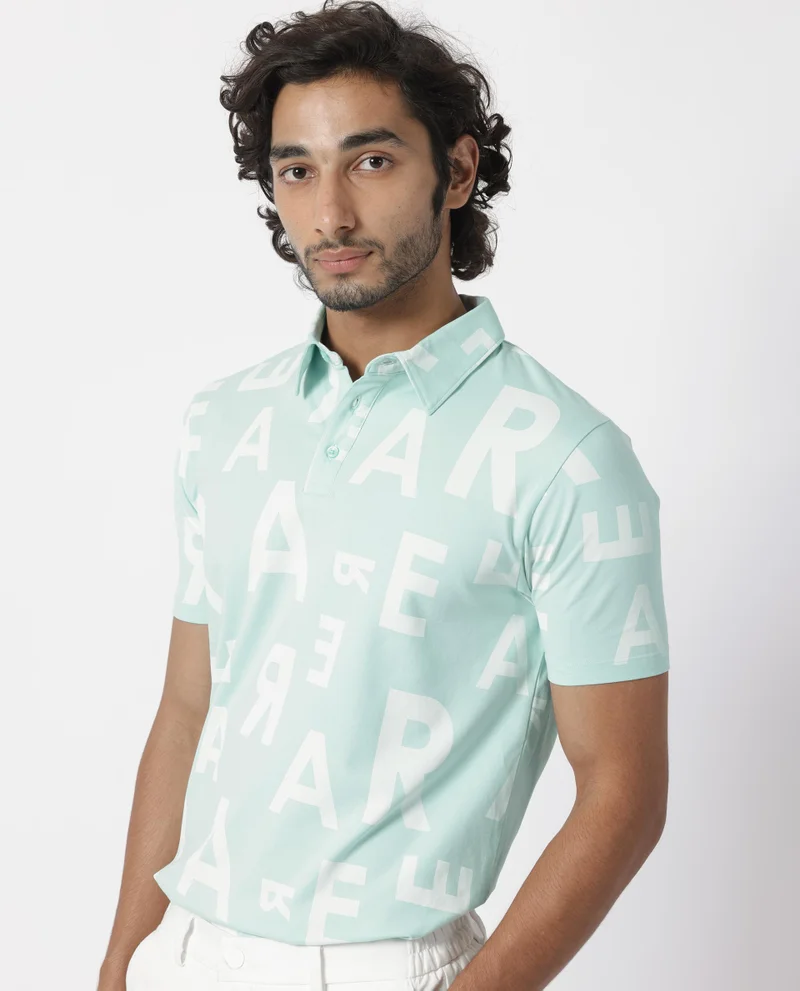 Rare Rabbit Rare Rabbit Men's Rocha Light Turq Cotton Lycra Fabric Collared Neck Half Sleeves Statement Polo T-Shirt