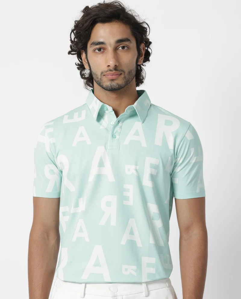 Rare Rabbit Rare Rabbit Men's Rocha Light Turq Cotton Lycra Fabric Collared Neck Half Sleeves Statement Polo T-Shirt