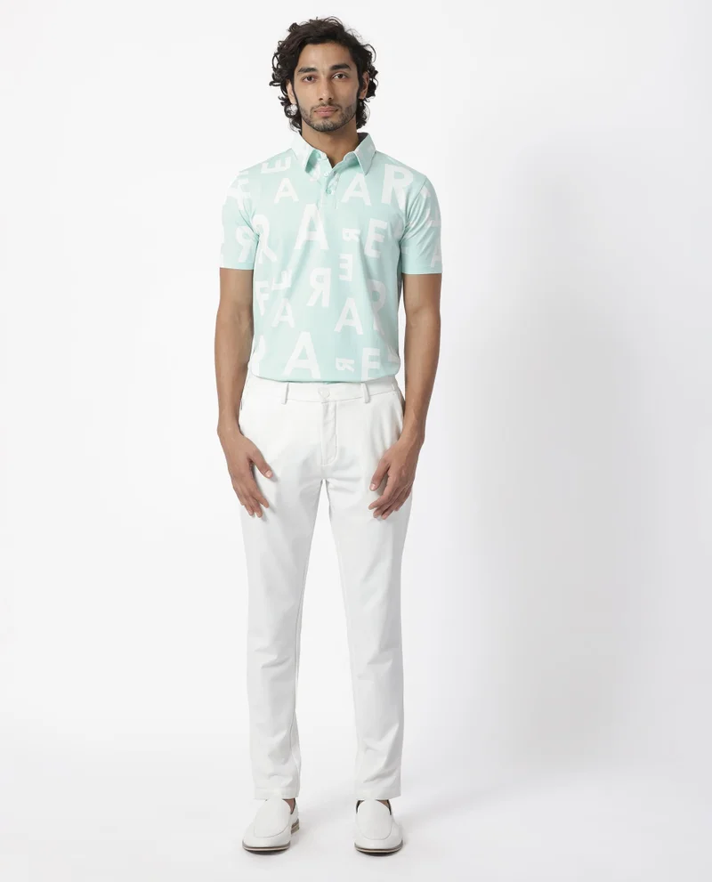 Rare Rabbit Rare Rabbit Men's Rocha Light Turq Cotton Lycra Fabric Collared Neck Half Sleeves Statement Polo T-Shirt