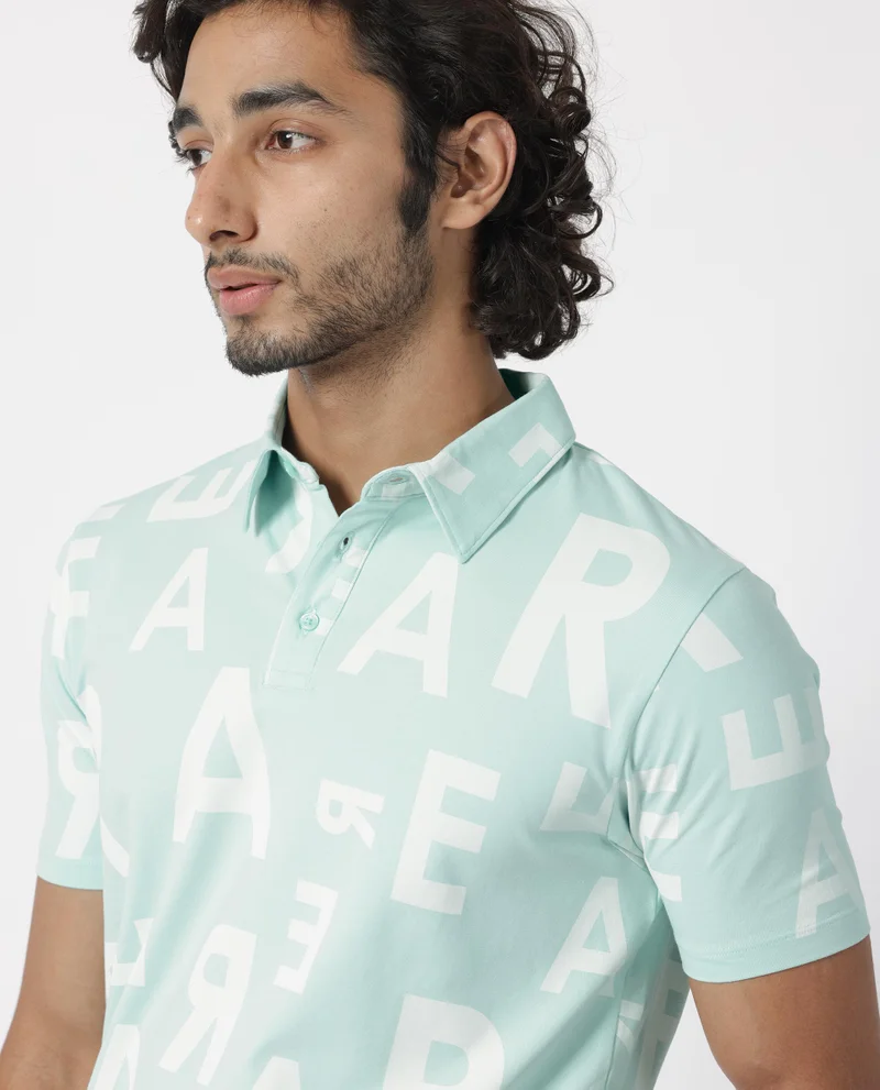 Rare Rabbit Rare Rabbit Men's Rocha Light Turq Cotton Lycra Fabric Collared Neck Half Sleeves Statement Polo T-Shirt