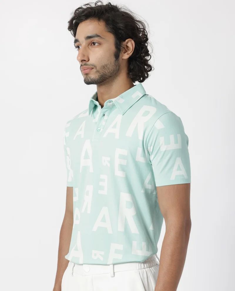 Rare Rabbit Rare Rabbit Men's Rocha Light Turq Cotton Lycra Fabric Collared Neck Half Sleeves Statement Polo T-Shirt