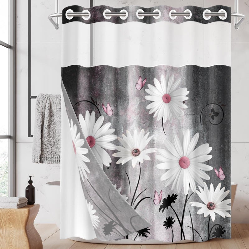 Nesphy No Hook Pink White Daisy Butterfly Shower Curtain with Snap in Fabric Liner Set, Grey Farmhouse Double Layers Waterproof Fabric with See Through Top Window Open Grommet Bath Curtain 71x74 Inch - Image 1