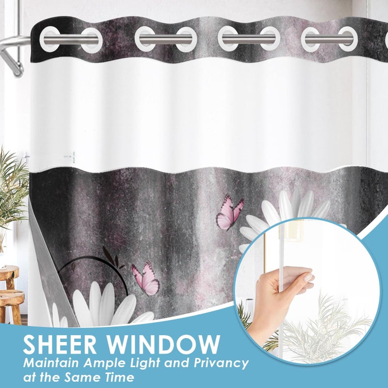 Nesphy No Hook Pink White Daisy Butterfly Shower Curtain with Snap in Fabric Liner Set, Grey Farmhouse Double Layers Waterproof Fabric with See Through Top Window Open Grommet Bath Curtain 71x74 Inch - Image 4