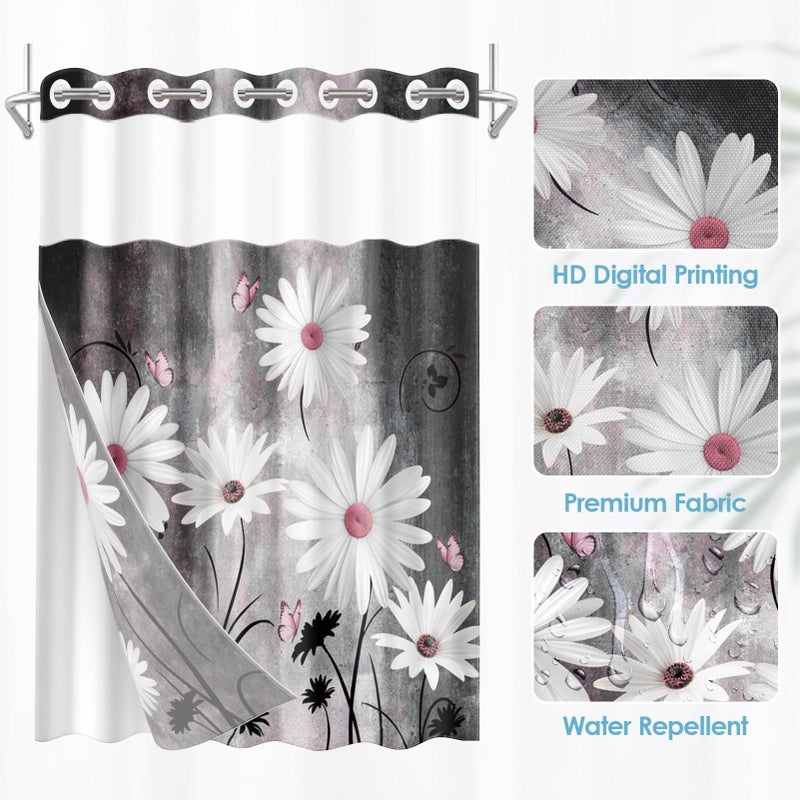 Nesphy No Hook Pink White Daisy Butterfly Shower Curtain with Snap in Fabric Liner Set, Grey Farmhouse Double Layers Waterproof Fabric with See Through Top Window Open Grommet Bath Curtain 71x74 Inch - Image 2