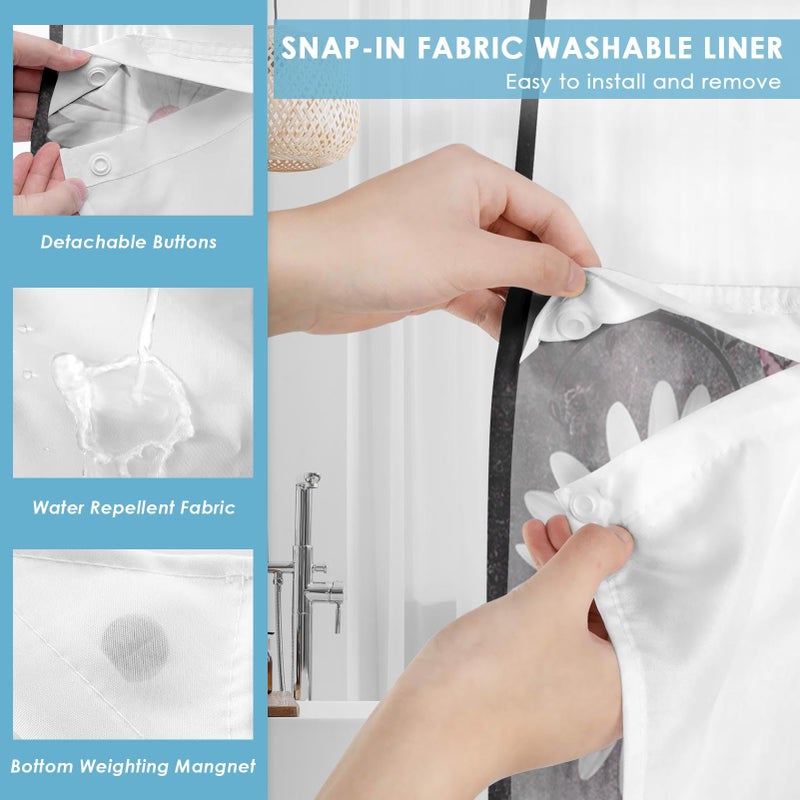 Nesphy No Hook Pink White Daisy Butterfly Shower Curtain with Snap in Fabric Liner Set, Grey Farmhouse Double Layers Waterproof Fabric with See Through Top Window Open Grommet Bath Curtain 71x74 Inch - Image 3