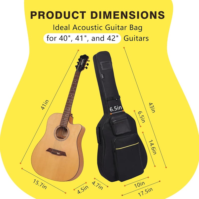 PPOPPO 40 41 42 Inch Acoustic Guitar Bag, Oxford Fabric with 0.35" Thick Padding, Water Resistant Gig Bag, 2 Storage Pockets, Side Handle & Back Hanger Loop, Adjustable Dual Shoulder Straps, Black - Image 2