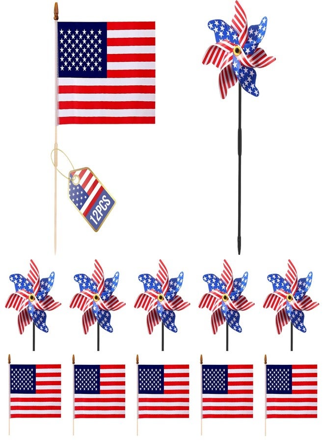Uelfbaby 6 Pcs 4th of July Pinwheels, 6 Pcs Small American Flags on Stick 12x18 Inch, Windmill Wind Spinners for Yard, Garden, American Hand Held Stick Flag for Outdoor Decorations, Patriotic Decorations - Image 1