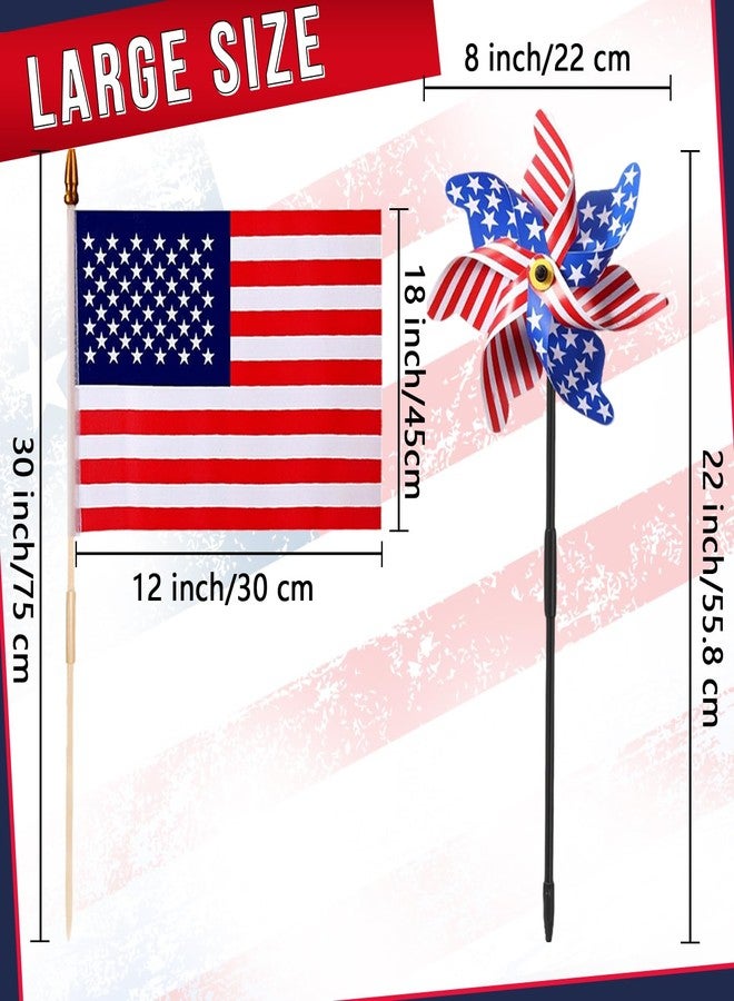 Uelfbaby 6 Pcs 4th of July Pinwheels, 6 Pcs Small American Flags on Stick 12x18 Inch, Windmill Wind Spinners for Yard, Garden, American Hand Held Stick Flag for Outdoor Decorations, Patriotic Decorations - Image 2