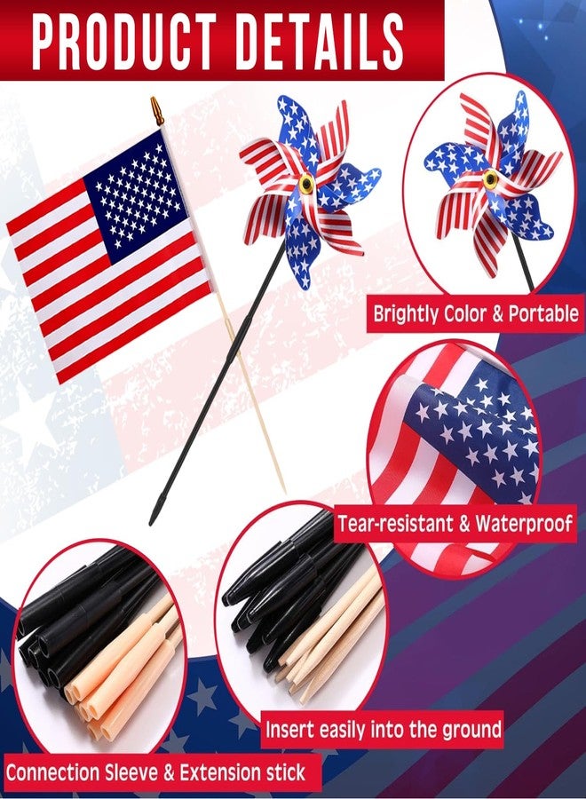 Uelfbaby 6 Pcs 4th of July Pinwheels, 6 Pcs Small American Flags on Stick 12x18 Inch, Windmill Wind Spinners for Yard, Garden, American Hand Held Stick Flag for Outdoor Decorations, Patriotic Decorations - Image 3