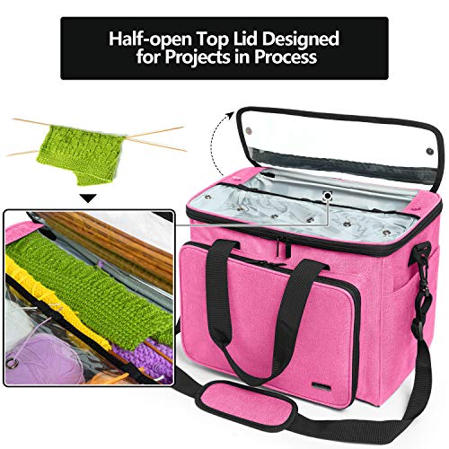 Teamoy Knitting Bag, Yarn Tote Organizer with Inner Divider (Sewn to Bottom) for Crochet Hooks, Knitting Needles(Up to 14”), Project and Supplies -No Accessories Included, Pink - Image 4