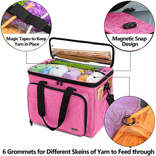 Teamoy Knitting Bag, Yarn Tote Organizer with Inner Divider (Sewn to Bottom) for Crochet Hooks, Knitting Needles(Up to 14”), Project and Supplies -No Accessories Included, Pink - Image 2