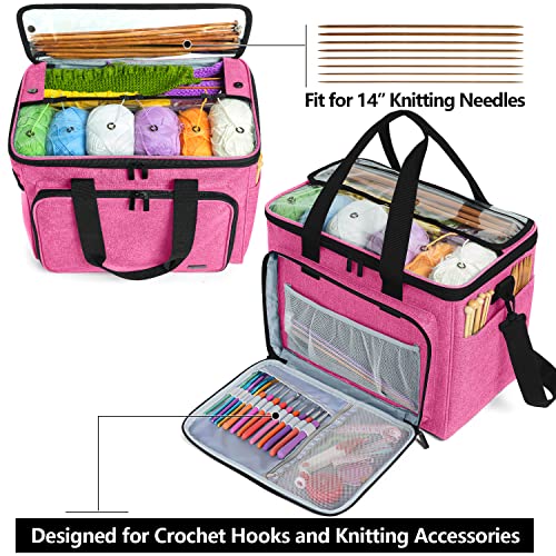 Teamoy Knitting Bag, Yarn Tote Organizer with Inner Divider (Sewn to Bottom) for Crochet Hooks, Knitting Needles(Up to 14”), Project and Supplies -No Accessories Included, Pink - Image 3