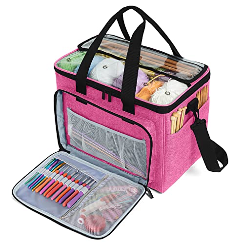 Teamoy Knitting Bag, Yarn Tote Organizer with Inner Divider (Sewn to Bottom) for Crochet Hooks, Knitting Needles(Up to 14”), Project and Supplies -No Accessories Included, Pink - Image 1