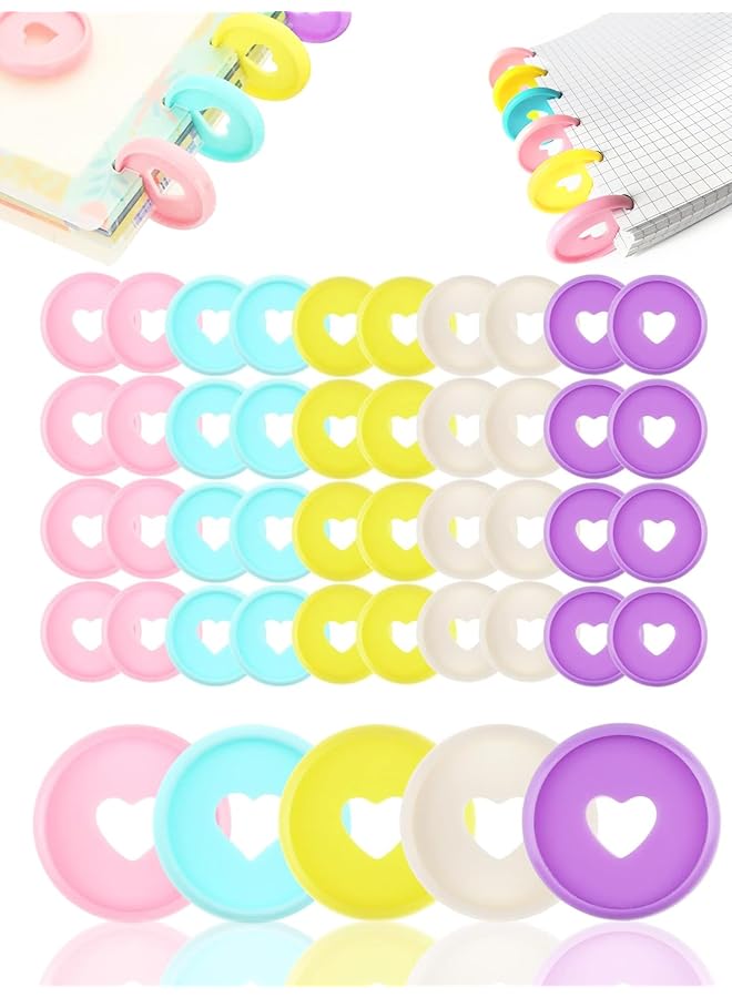 erorex 50Pcs Disc Binding Rings Multicolor Heart Plastic Binder Rings Book Keychain Rings Flexible For Scrapbooking Planners Cards Document Stack Calender Organization School Home Use 5 Colors 35Mm - Image 1