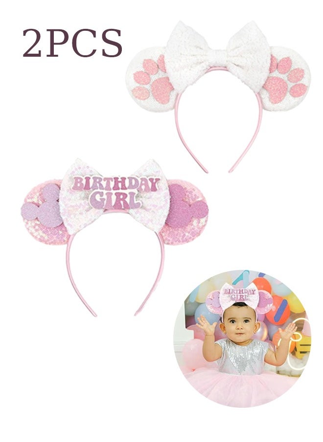 Unewshi 2PCS Birthday Minnie Ears Headband, Birthday Party Crown Headband Glitter Crown for Girl, Birthday Party Supplies (Pink)  - Image 1