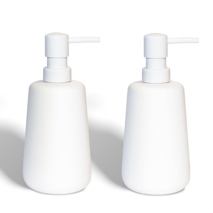 2 PACK MATTE WHITE CERAMIC SOAP DISPENSER 13 OZ REFILLABLE BATHROOM OR KITCHEN COUNTERTOP DISPENSER WITH SOFT TOUCH RUBBER COATING MATTE WHITE