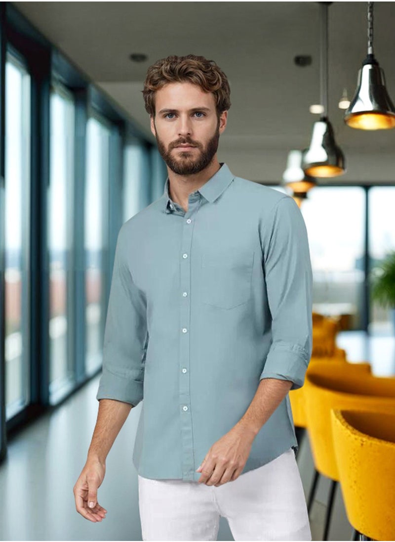 Dennis Lingo Men's Slim Fit Teal Blue Casual Cotton Spread Shirt  - Image 1