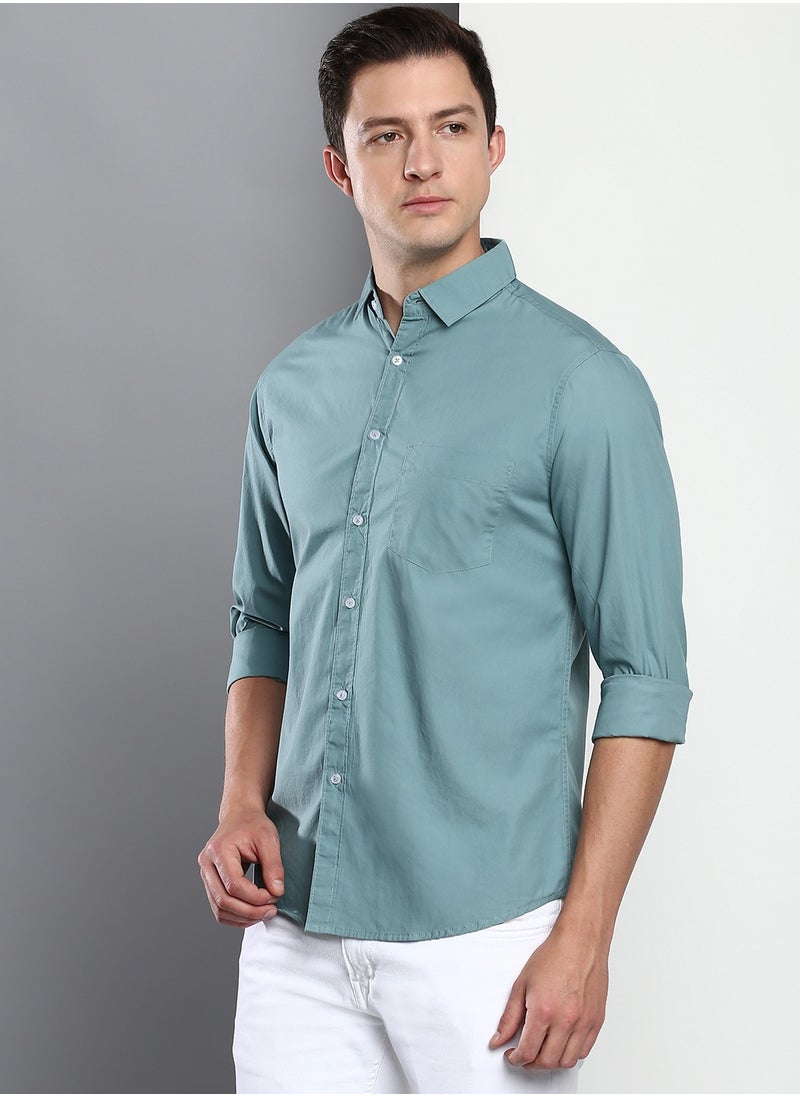 Dennis Lingo Men's Slim Fit Teal Blue Casual Cotton Spread Shirt  - Image 3