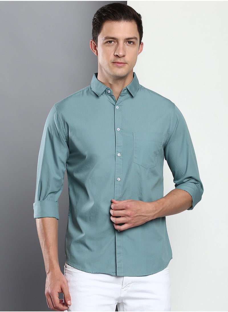 Dennis Lingo Men's Slim Fit Teal Blue Casual Cotton Spread Shirt  - Image 2